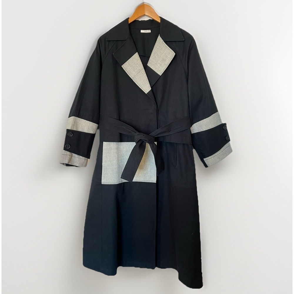 TOME NYC Women’s S Black Belted Patchwork Canvas Denim Trench Coat Made In USA